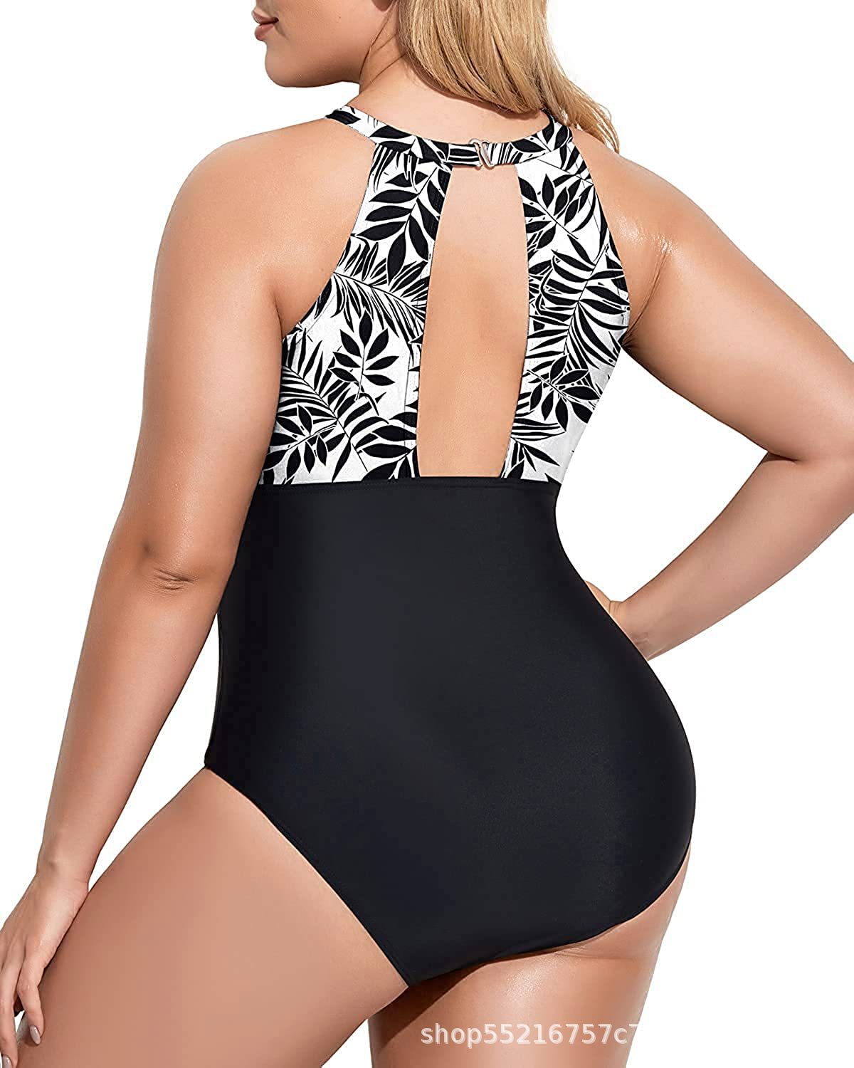 Women Plus Size One Piece Swimsuit High Neck Plunge Mesh Cut Out Bathing Suits